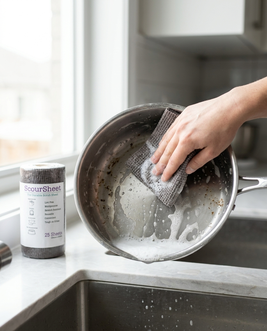 ScourSheet durable scrub sheet in use on a stainless steel saucepan